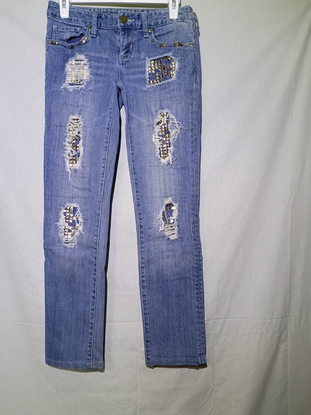 inc Women's Distressed Blue Jeans with Studded Patch Accents